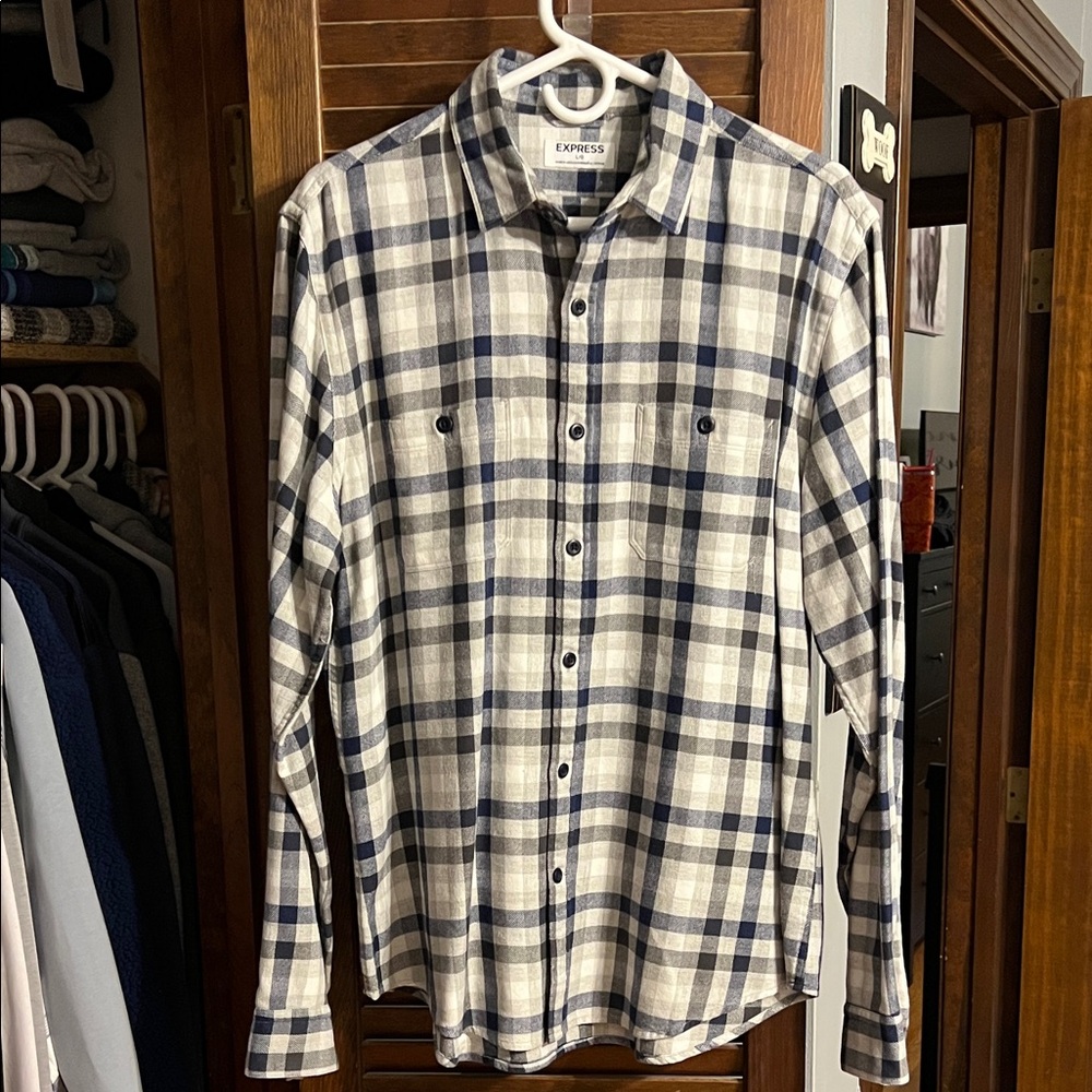 Express Men's Navy and White Checkered Shirt